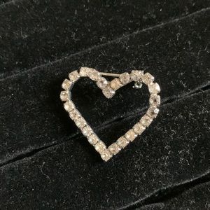 Vintage Silver tone Open Heart Faux Rhinestone Brooch / Pin